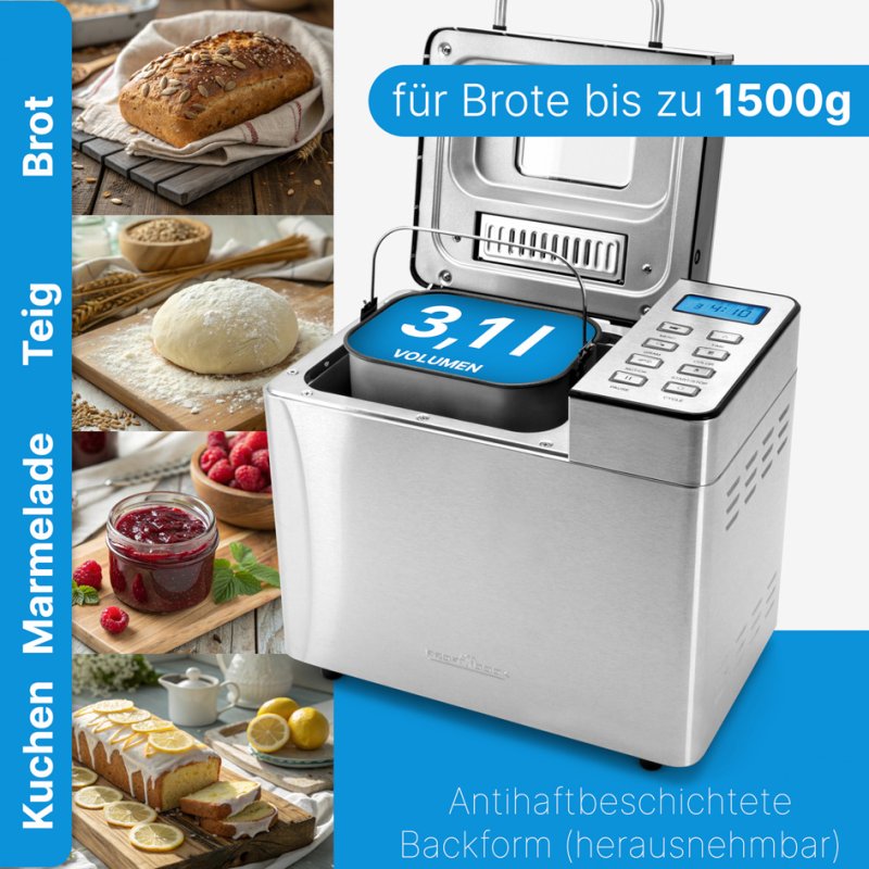 PROFI COOK bread maker PC-BBA 1282, 1.5 kg, stainless steel, 13 programmes